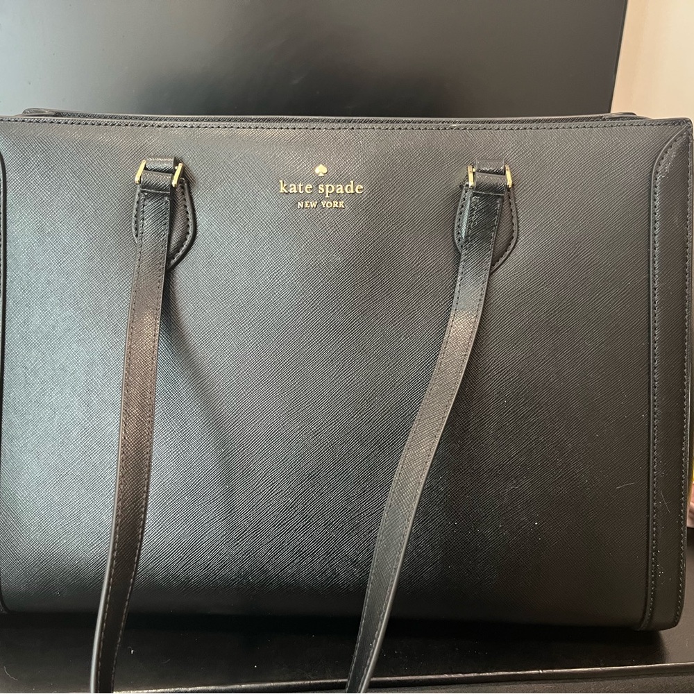 kate spade Black Saffiano Leather Double-Handle Tote with Gold Logo